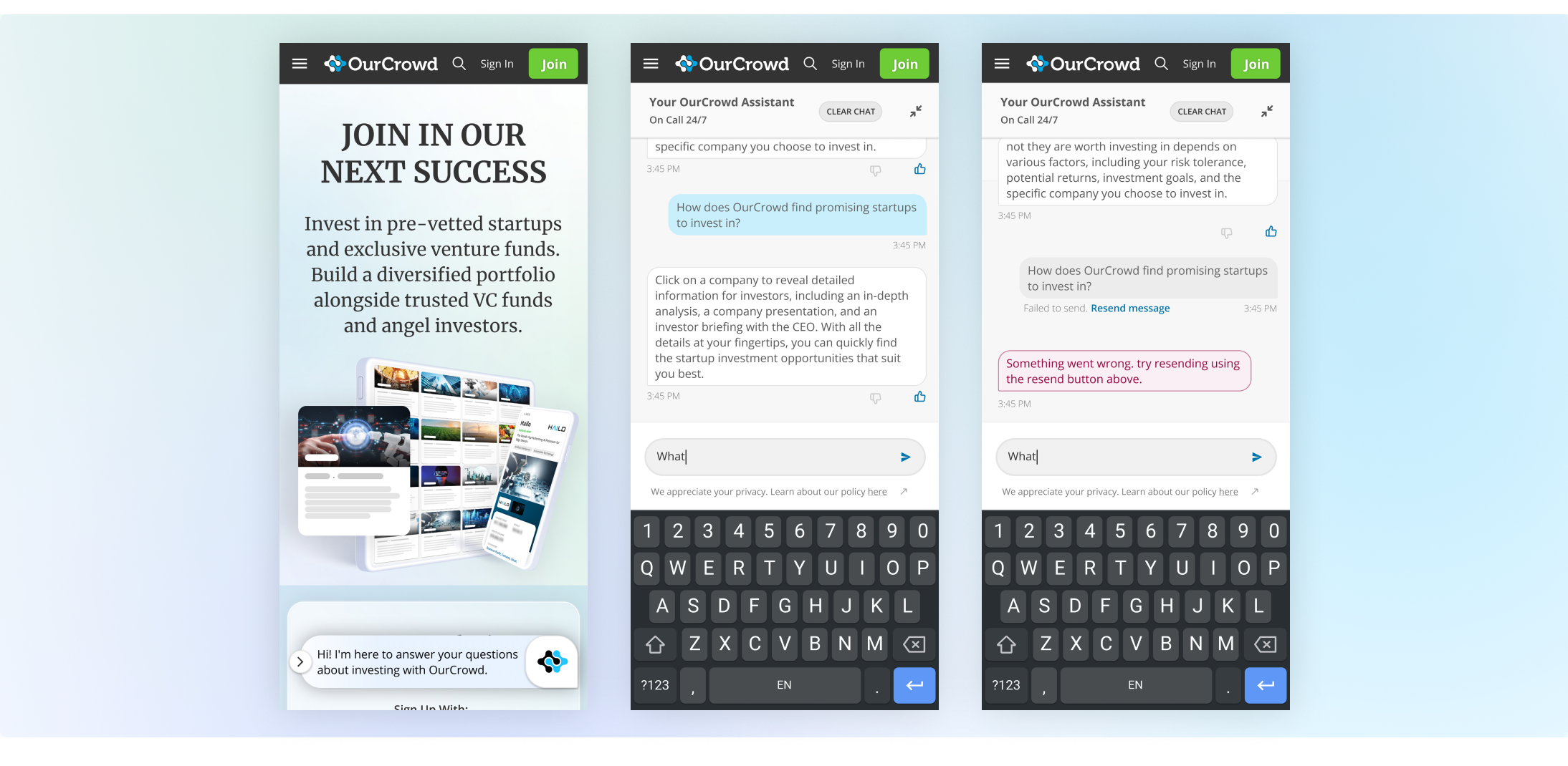 OurCrowd AI chatbot mobile screens